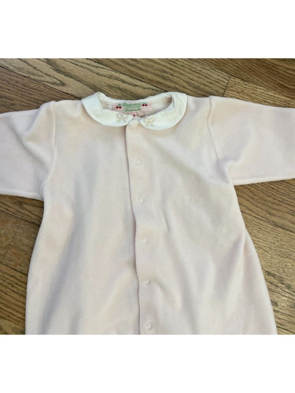Bonpiont Velvet TINTINA Pink Romper Suit with White Embroidered Collar Size 12m